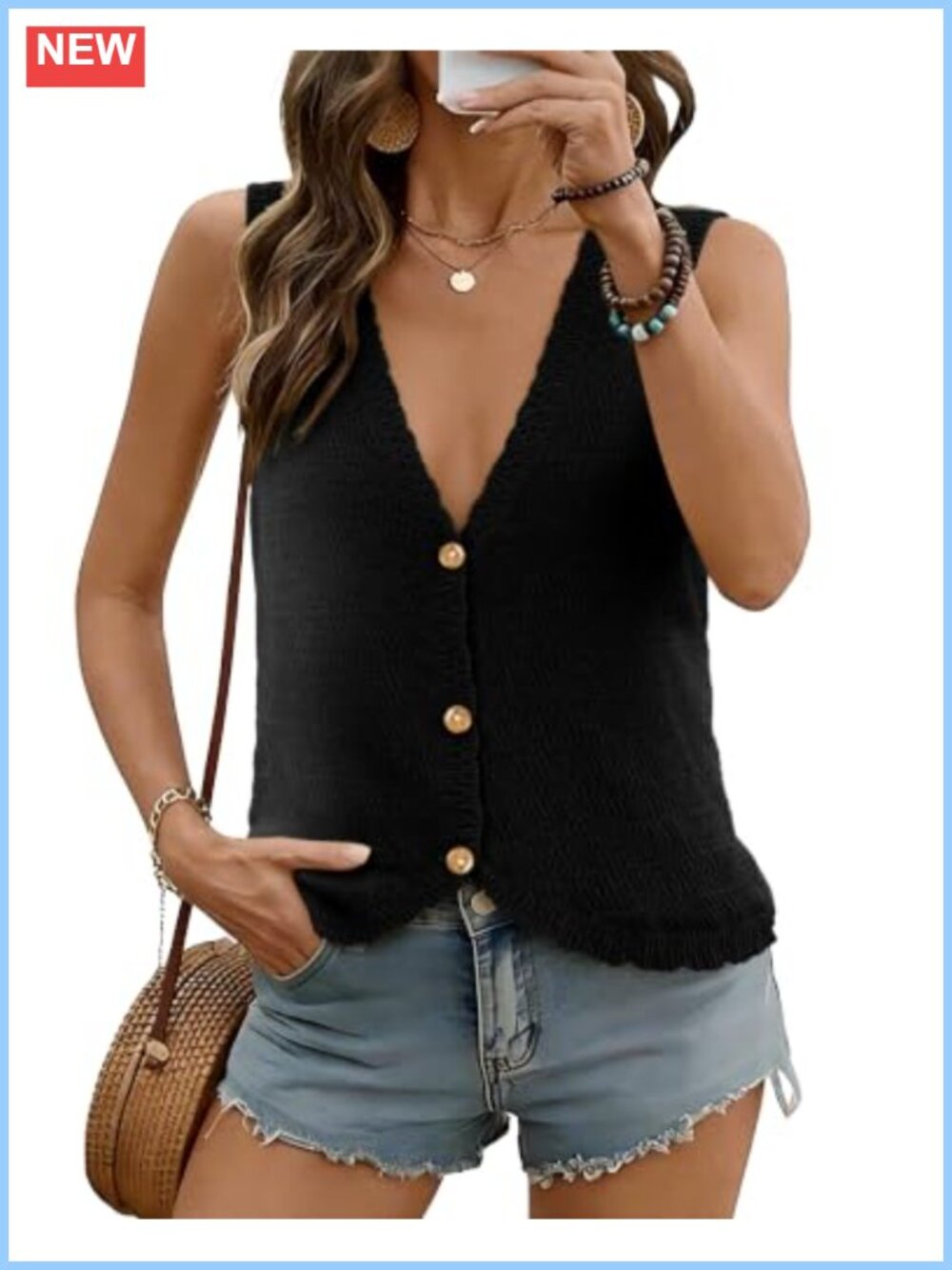Sleeveless V-Neck Knit Sweater Vest Crochet Button Down Tank Top for Women